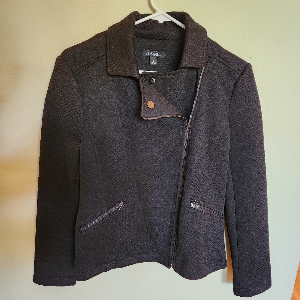 Roz & Ali Black Quilted Knit Moto Jacket Small